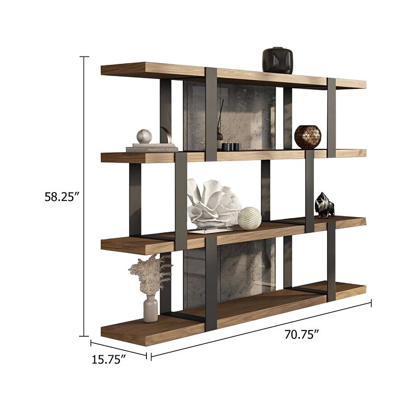 Cid Brow 4 Tier Bookshelf, Black Stainless Steel w Glass Back, 71 Inch