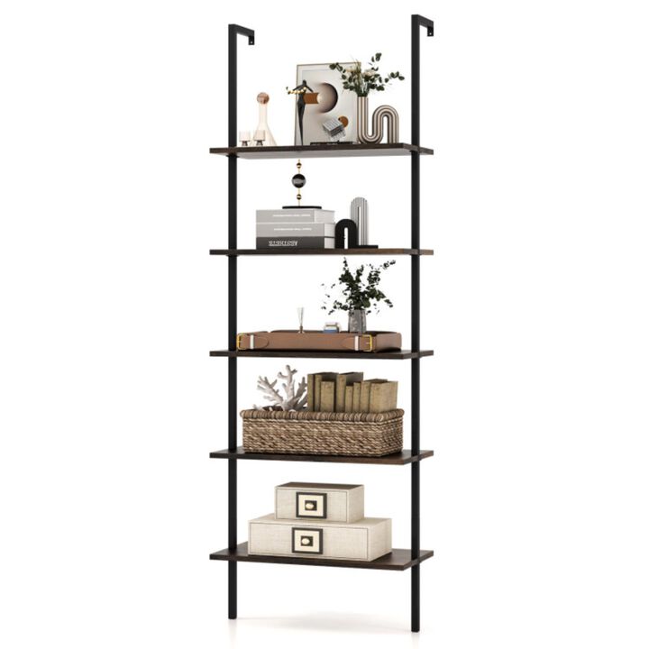 Hivvago 5 Tier Ladder Shelf Wall-Mounted Bookcase with Steel Frame-Brown