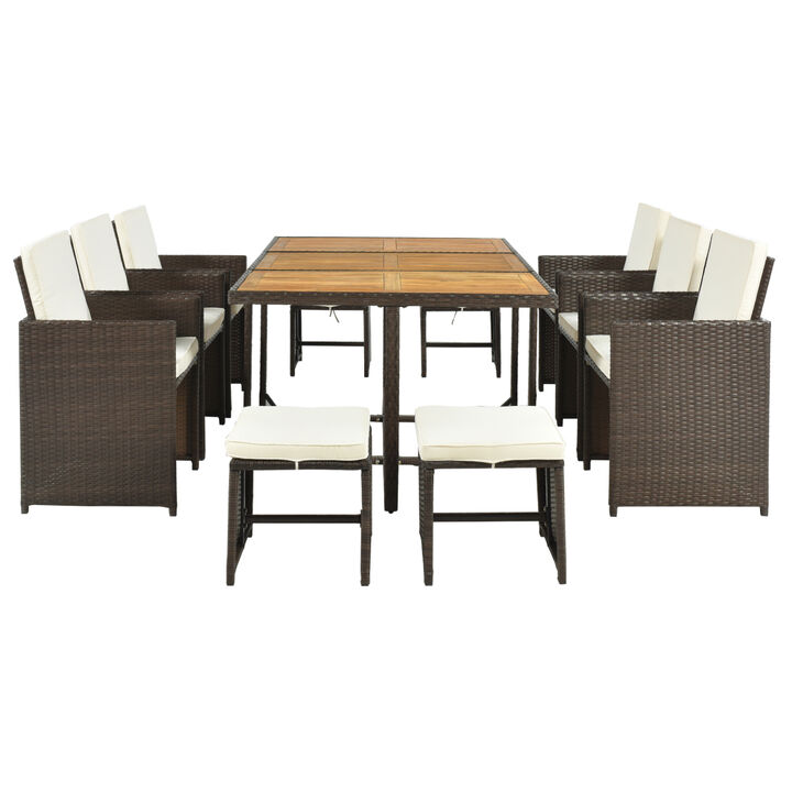 11-Piece Patio All-Weather PE Wicker Dining Table Set with Wood Tabletop for 10, Brown Rattan+Beige Cushion