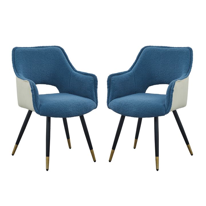 Eden 23 Inch Modern Dining Chair, White Fabric, Blue Metal Legs, Set of 2 - Benzara