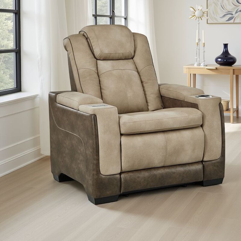 Corbin Power Recliner Chair, 39in Brown Faux Leather, Wireless Charger - Benzara