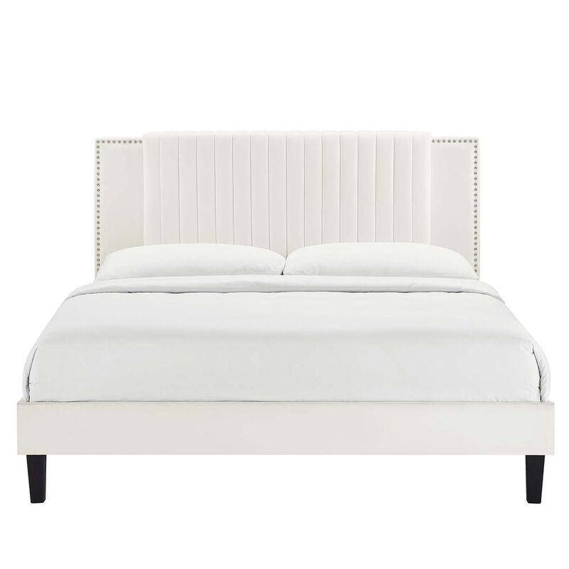 Modway Zahra Channel Tufted Performance Velvet Twin Platform Bed in White image number 3