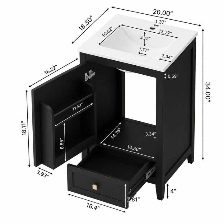 ELEMENT ACE Freestanding 20 Inch Bathroom Vanity with Ceramic Sink, Soft Closing Door, Drawer, and Built-In Storage Rack