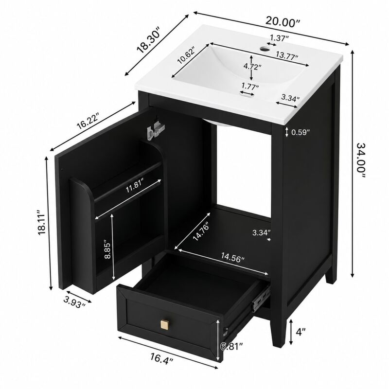 ELEMENT ACE Freestanding 20 Inch Bathroom Vanity with Ceramic Sink, Soft Closing Door, Drawer, and Built-In Storage Rack image number 1