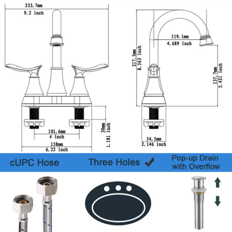 Modern 2-Handle Bathroom Faucet, Vanity Sink Tap with Pop-Up Drain & Hoses