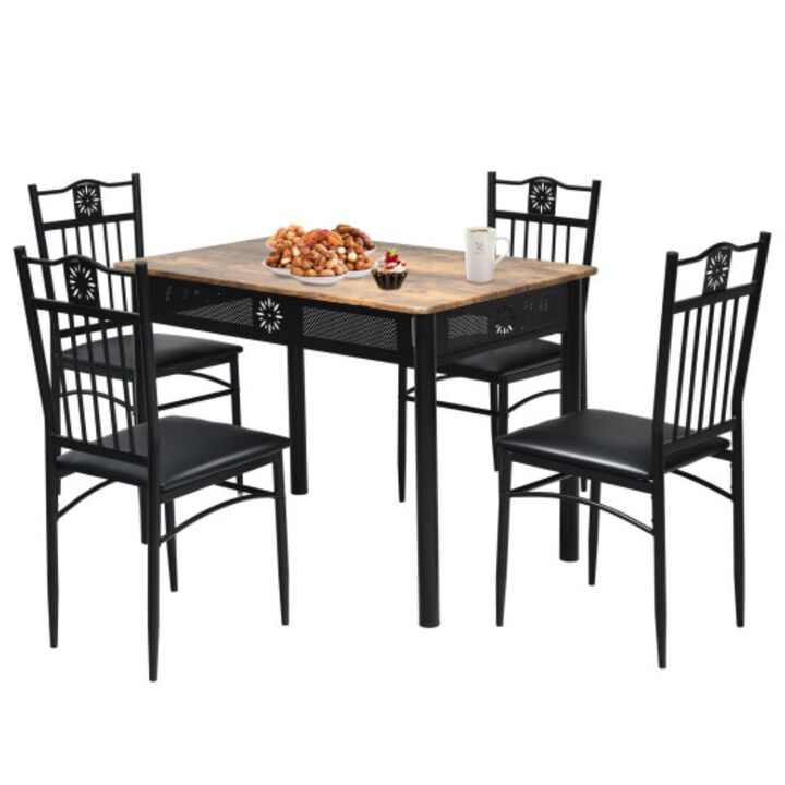 5 Pcs Dining Set Wood Metal Table and 4 Chairs with Cushions