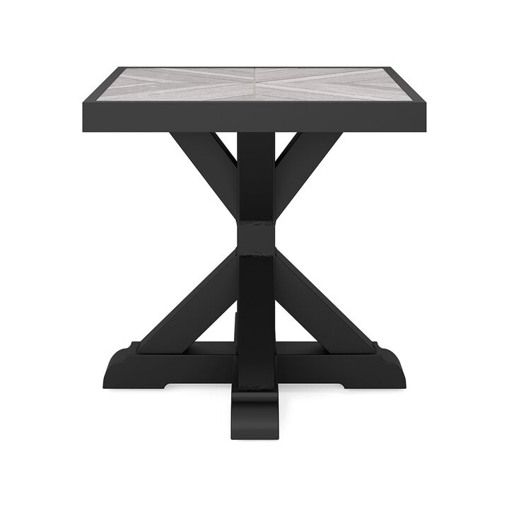 Tira 22 Inch Outdoor Side End Table, Tile Top, Black, Light Gray Finish - Benzara