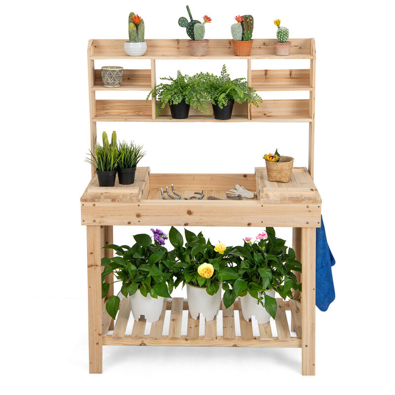 Large Garden Potting Bench Table with Display Rack and Hidden Sink