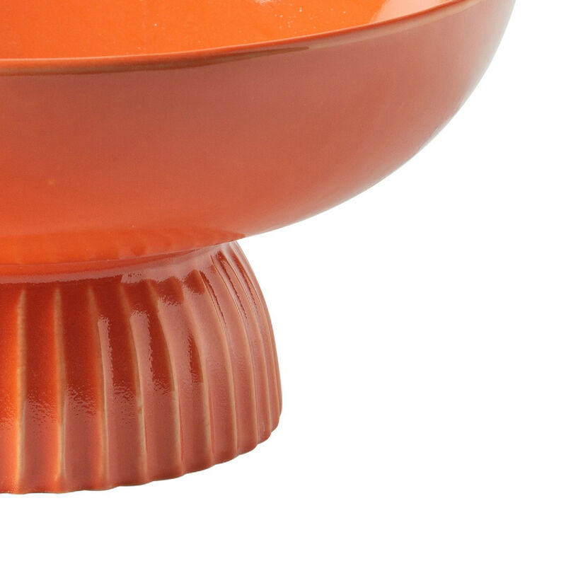 Ribbed Pedestal Fruit Bowl, Wide Basin, Glazed Orange Ceramic 11 Inch image number 3