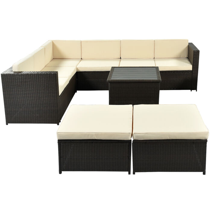 9 Piece Rattan Sectional Seating Group with Cushions and Ottoman, Patio Furniture Sets, Outdoor Wicker Sectional, Grey Rattan+Blue Cushions