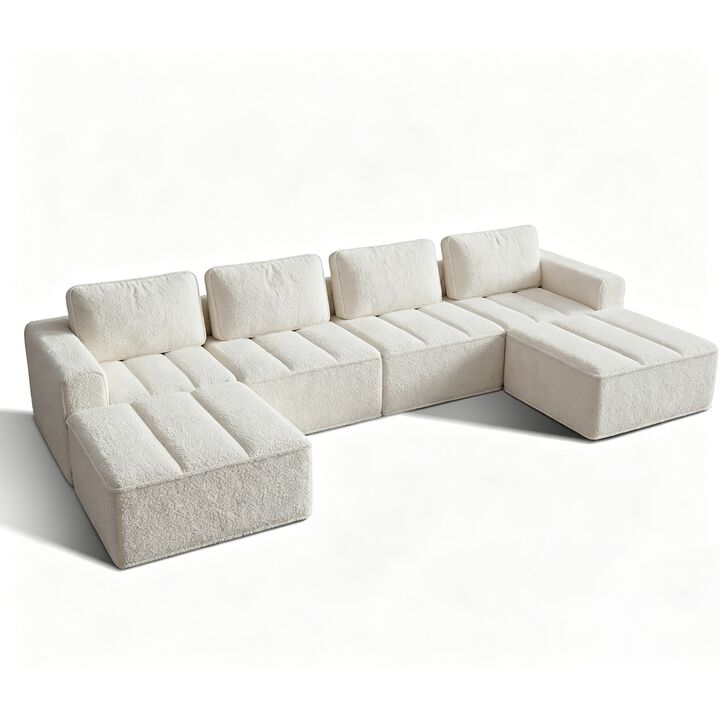 Vipbear 145.6" Modular U-Shaped Cloud Sectional Sofa, Fluffy Teddy Fabric Convertible Couch