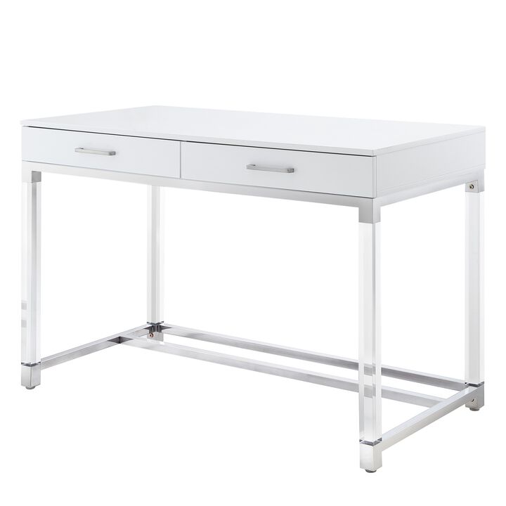 Inspired Home Kalel High Gloss 2 Drawers Writing Desk with Acrylic Legs and Stainless Steel Base