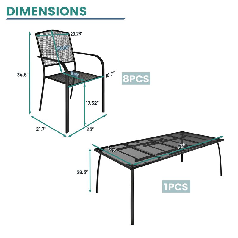 MONDAWE 9-Piece Steel Mesh Table And Chair Set With 8 Pcs Steel Mesh Dining Chairs
