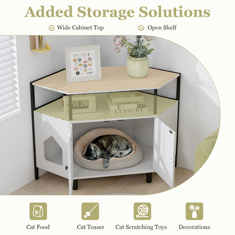 Corner Cat Litter Box Enclosure with Open Shelf 2 Entrances and Metal Legs