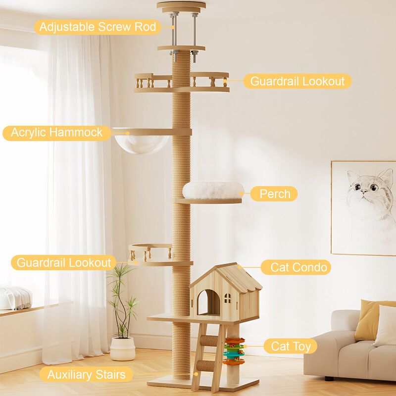 Floor to Ceiling Cat Tree with Adjustable Height Wood Condo Hammock and Scratching Post for Indoor Cats 98 to 110 Inch
