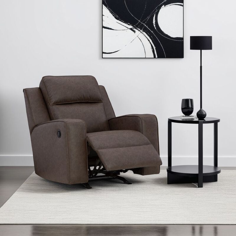 Livie Manual Rocker Recliner Chair, Dark Brown Gray Faux Leather - Benzara