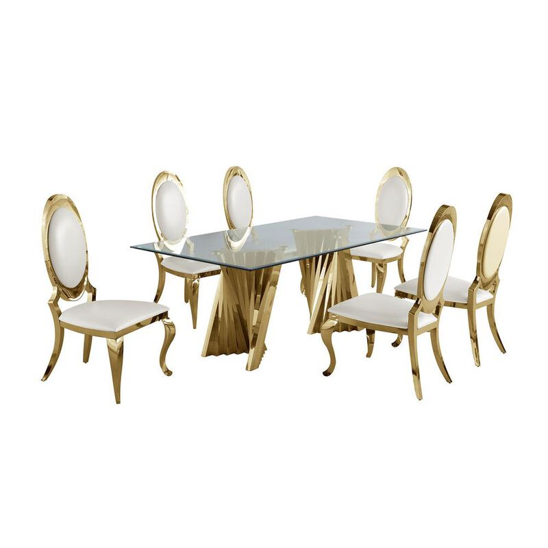 Classic 7pc Dining Set w/Faux Leather Side Chair, Glass Table w/ Gold Spiral Base, White