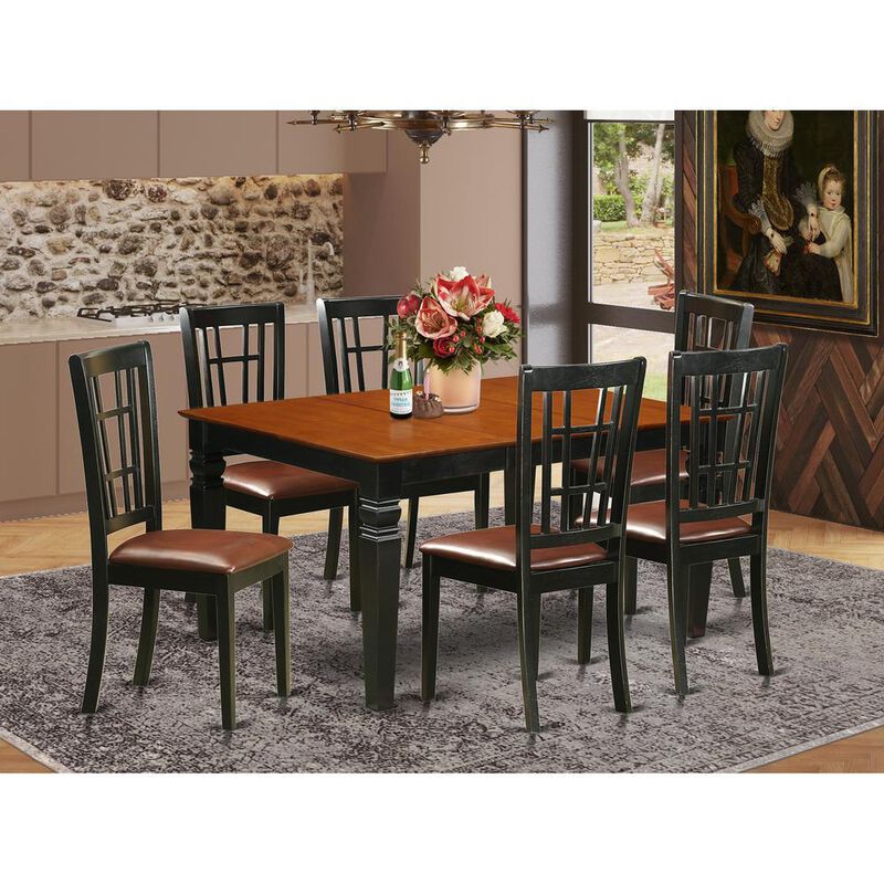 7 Pc Kitchen table set with a Kitchen Table and 6 Leather Dining Chairs in Black
