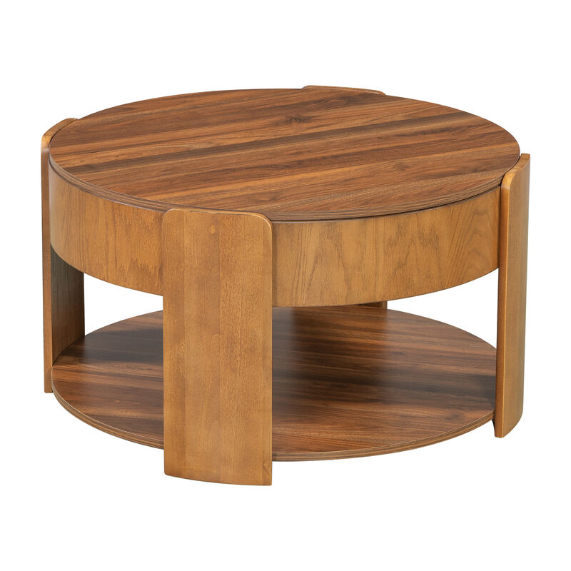 Merax Round Lift-Top Coffee Table with Hidden Storage & Bottom Shelf &ndash; Wood Grain Finish image number 0