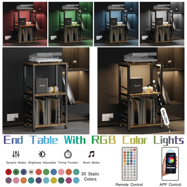YAKANJ End Table with LED Light,Record Player Stand with Albums Storage,Vinyl Records Storage,Turntable Stand Side Table for Mus