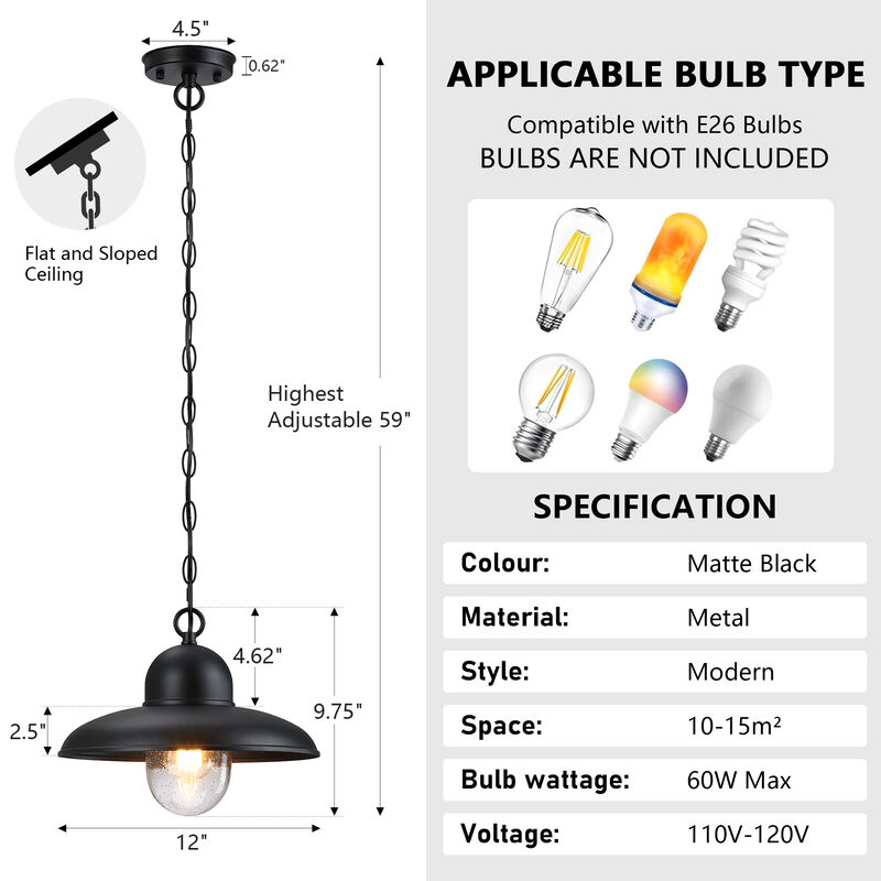1-Light Black Outdoor Pendant Light image number 2