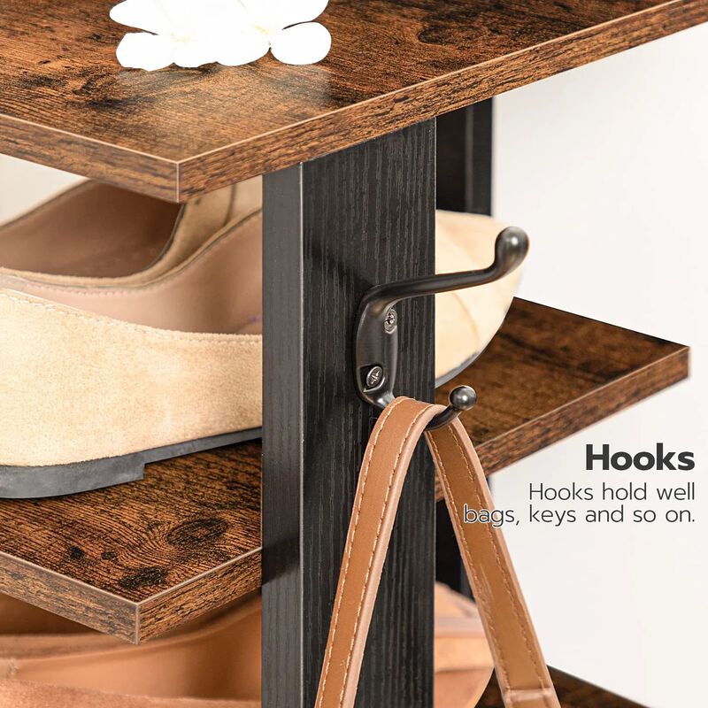 Vertical Shoe Storage Rack with 8 Tiers and Side Hooks for Organization- Brown image number 4
