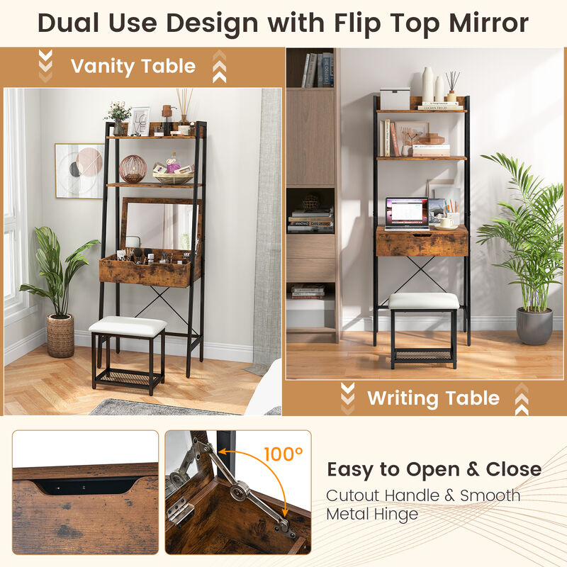 Ladder Vanity Desk Set with Flip Top Mirror and Cushioned Stool