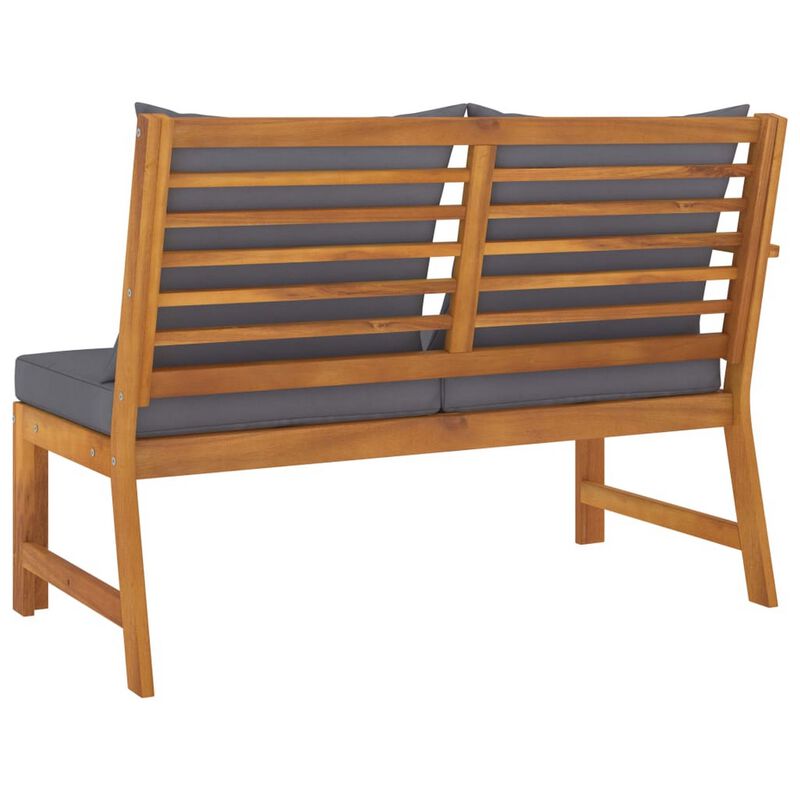 Patio Bench w Gray Cushions, Slatted Brown Solid Acacia Wood, 45 Inch - Benzara