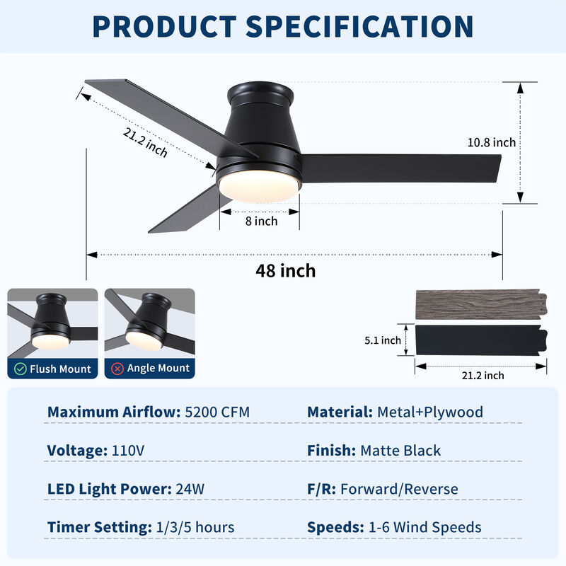 48 Inch Low Profile Ceiling Fan with Light - Matte Black DC Motor Ceiling Fan with Remote image number 3