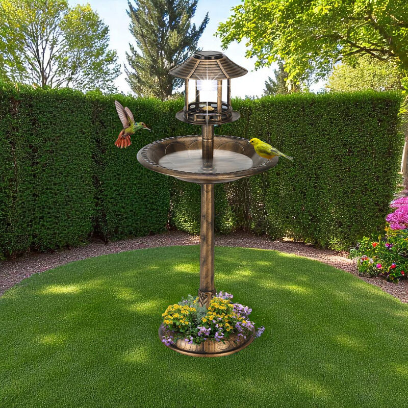 Outdoor Birdbath with Solar Light &ndash; Weathered Patina Garden Decoration