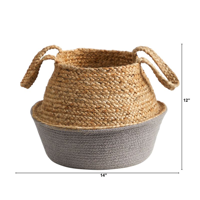 Nearly Natural 14-in Boho Chic Handmade Cotton & Jute Gray Woven Basket