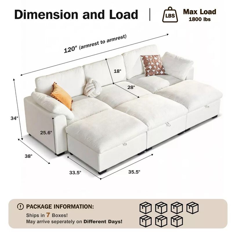 120" Modular Sectional Sleeper Sofa, 6-Seat Couch Bed with Storage Ottoman Deep Seat for Living Room image number 2