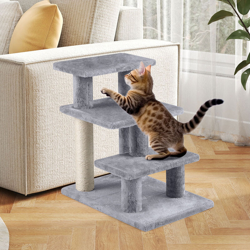 Plush 3 Tier Cat Stairs with Scratching Posts for Beds and Sofas-Grey image number 7