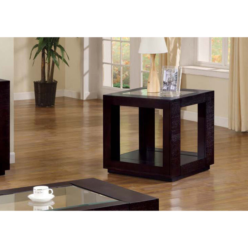 Monarch Specialties I 7811E Accent Table, Side, End, Nightstand, Lamp, Living Room, Bedroom, Veneer, Tempered Glass, Brown, Clear, Transitional