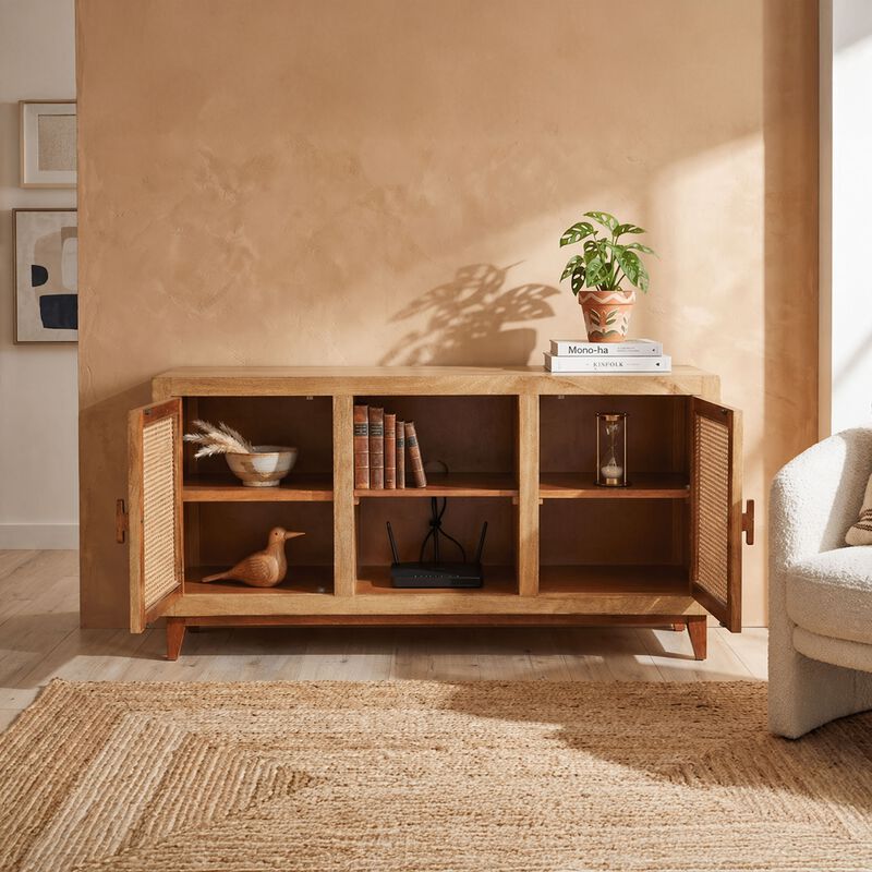Aru 58 Inch Sideboard Buffet Cabinet, 2 Cane Doors n Open Shelves, 2 Tone Antique Brown Mango Wood image number 7