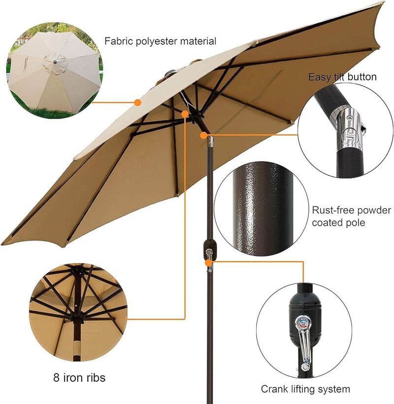 ShipItFurniture 9 ft Outdoor Patio Umbrella with Push-Button Tilt and Crank Open, Tan image number 2