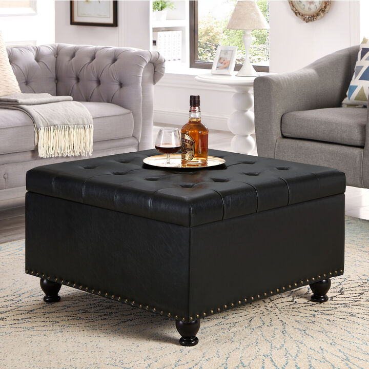 Streamdale Black Upholstered Ottoman with Wooden Legs