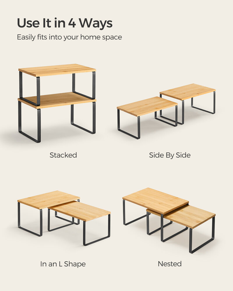 Expandable and Stackable Cabinet Shelf Organizer &ndash; Metal and Bamboo Kitchen Counter Shelves, Set of 2