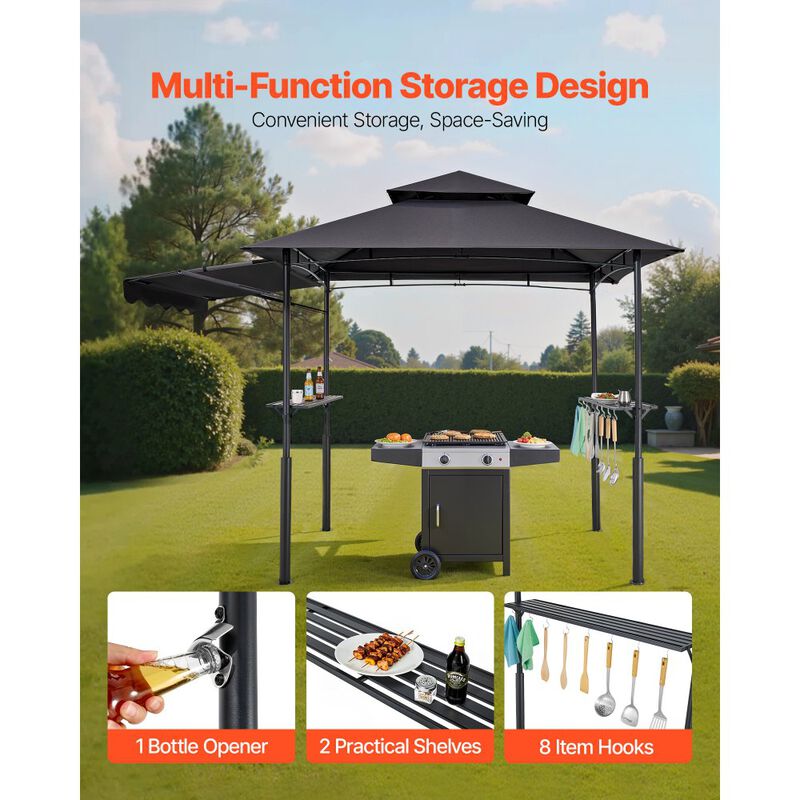 Outdoor BBQ Gazebo with Double-Tier Roof, Steel Grill Shelter, Side Shelves and Hanging Hooks-Dark Grey image number 3