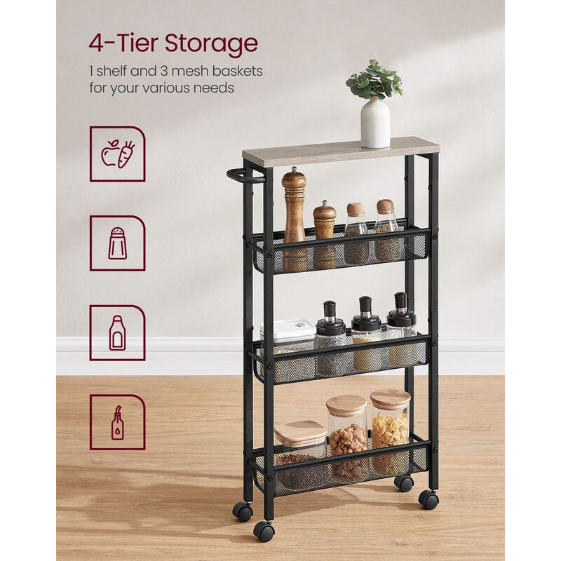 Slim 4-Shelf Rolling Cart &ndash; Compact Organizer with Wheels for Bathroom, Closet, or Kitchen Use