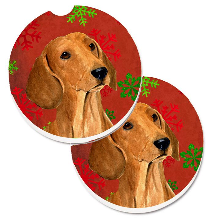 Caroline's Treasures Dachshund Red & green Snowflakes Holiday Christmas Set of 2 Cup Holder Car Coasters SS4694CARC, 2.56, Multicolor