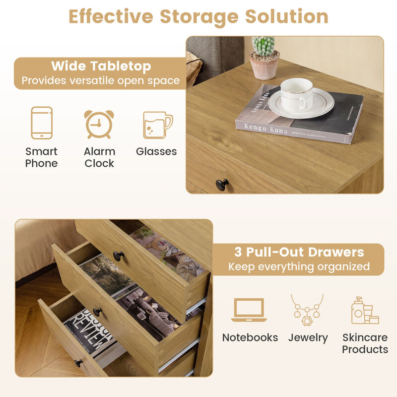 Modern 3-Drawer Wooden Nightstand Bedside Table for Bedroom Storage image number 4