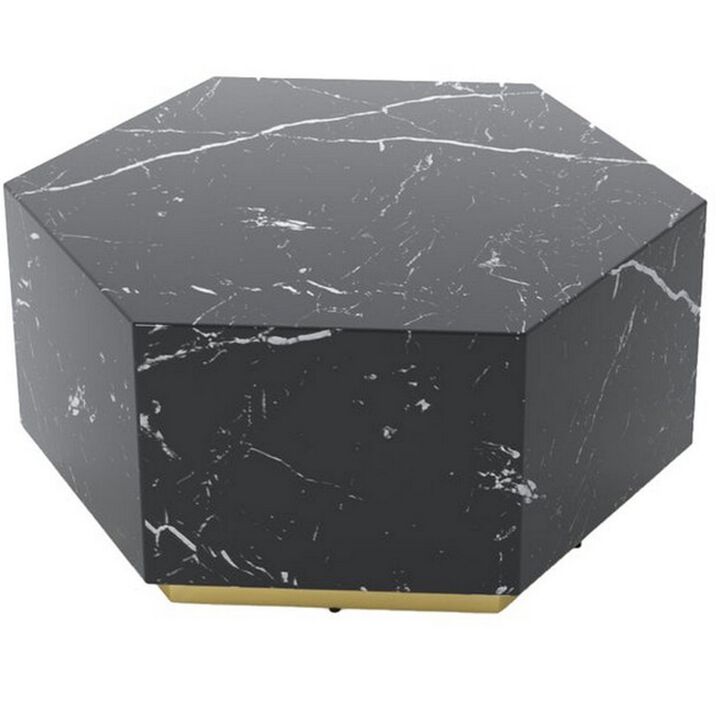 Hexi 35 Inch Coffee Table, Hexagonal, Black Faux Marble Design, Gold Base - Benzara