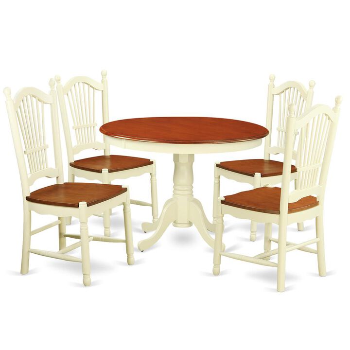 5 Pc set with a Round Small Table and 4 Leather Kitchen Chairs in Buttermilk and Cherry