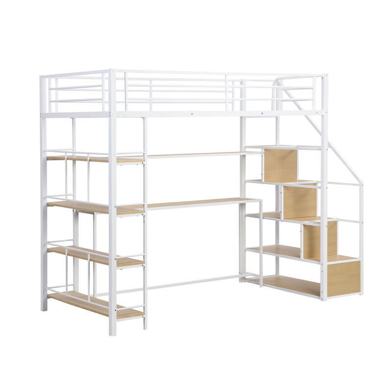 Whisen Twin Size Metal Loft bed with Staircase and Built-in Desk and Storage Shelves - White