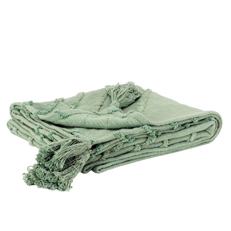 HomeRoots 50" X 60" Green Cotton Woven Geometric Throw Blanket with Tassels image number 0
