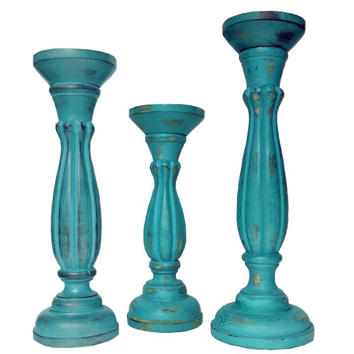 Handmade Wooden Candle Holder with Pillar Base Support, Turquoise Blue, Set of 3-Benzara