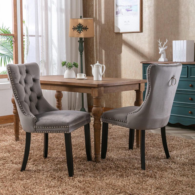 Velvet Upholstered Dining Chairs, Set of 2 – Tufted Back & Wood Legs