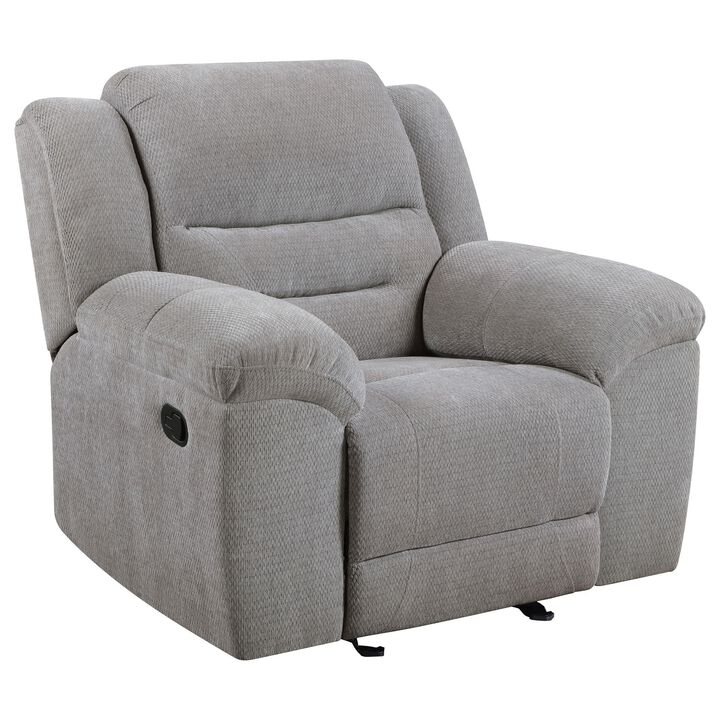 Gilo Manual Glider Recliner Armchair, 46 Inch Light Gray, Pillow Top - Benzara