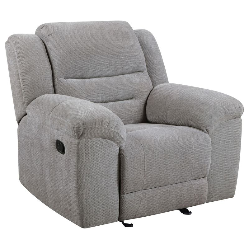 Gilo Manual Glider Recliner Armchair, 46 Inch Light Gray, Pillow Top - Benzara